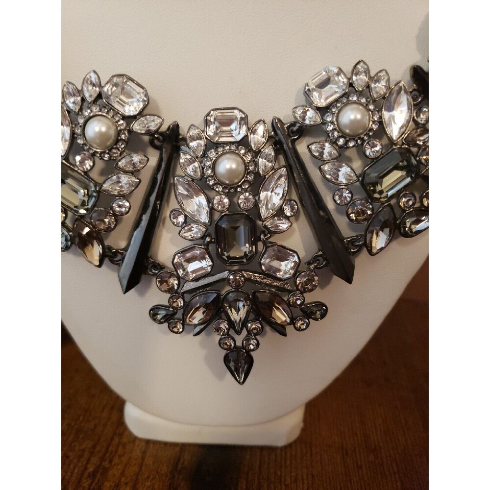 Givenchy Statement Necklace Smoky Grey Clear Rhinestone Faux Pearl Chunky Runway - Picture 3 of 16